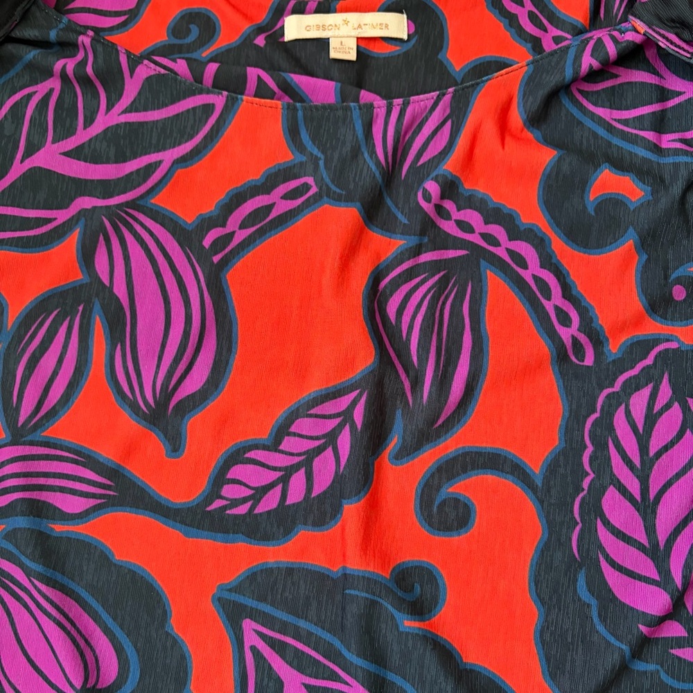 NWT Latimer Gibson Exotic Jungle Sz L Red and Purple Floral Open Shoulder Top - Picture 3 of 8